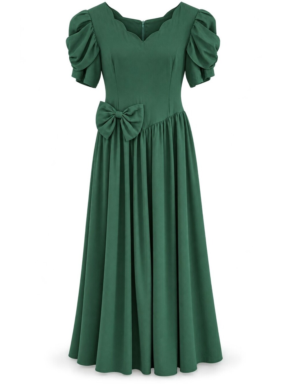 Vintage 80s Emerald Green Maxi Dress Puff Sleeves Bow Romantic M